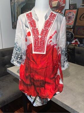 Rebeeca by Lilly Vibrant Red & White Embroidered 100% Silk Tunic – Size Large
